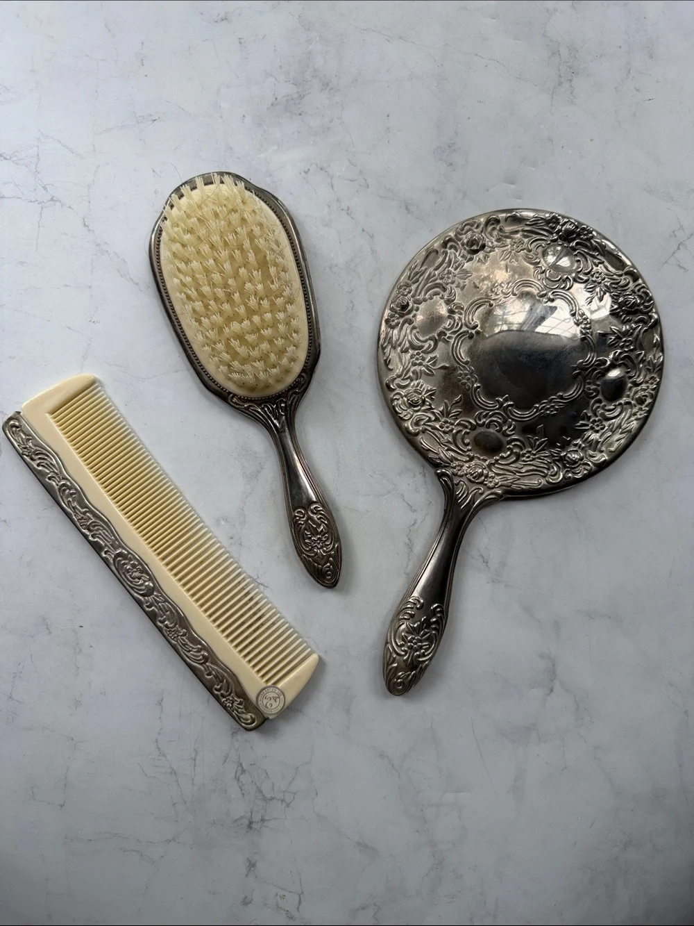 Vintage 3 PC Ornate Silverplated Vanity Hand Mirror, Brush & Comb Set